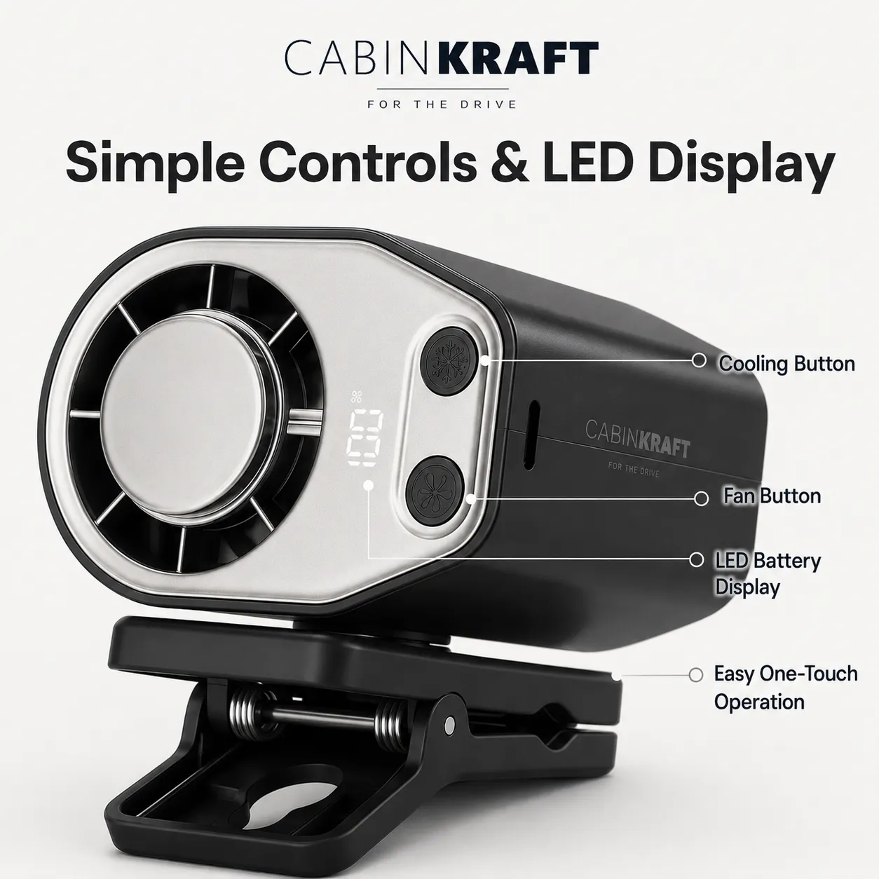 Rechargeable Clip-On Car Fan with LED Display, 360° Adjustable