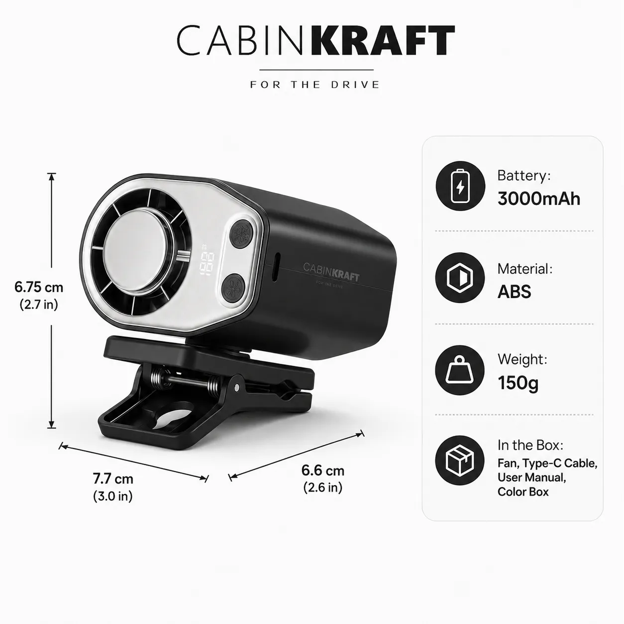 Rechargeable Clip-On Car Fan with LED Display, 360° Adjustable