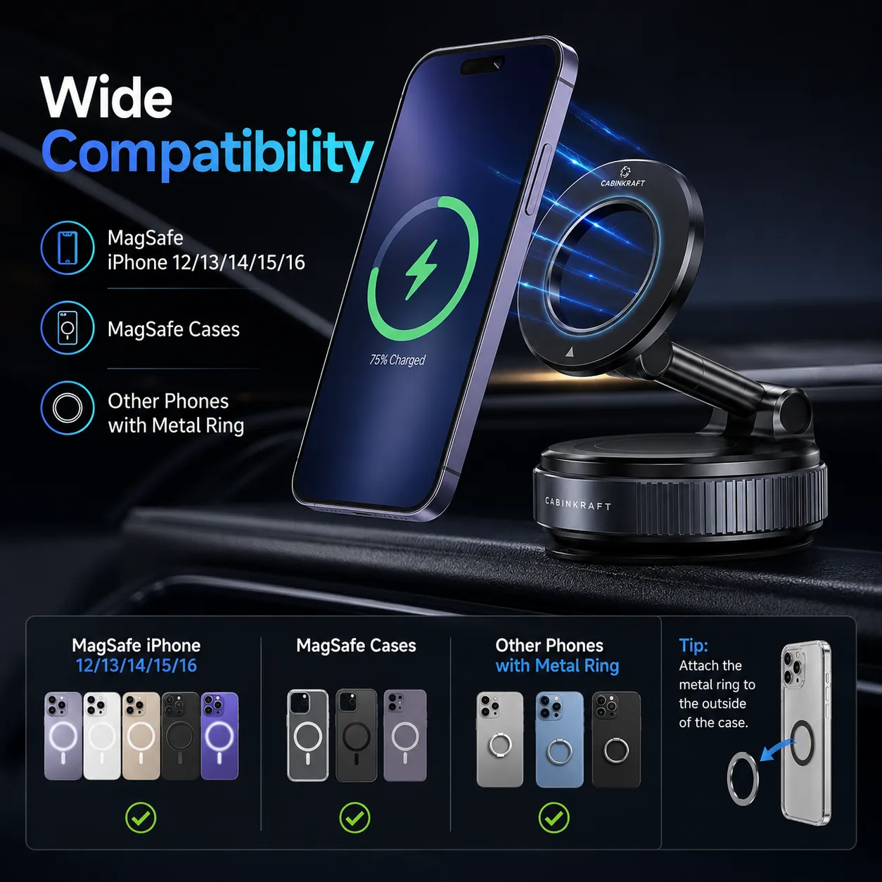 Magnetic Vacuum Suction Phone Mount, Foldable, 360° Adjustable
